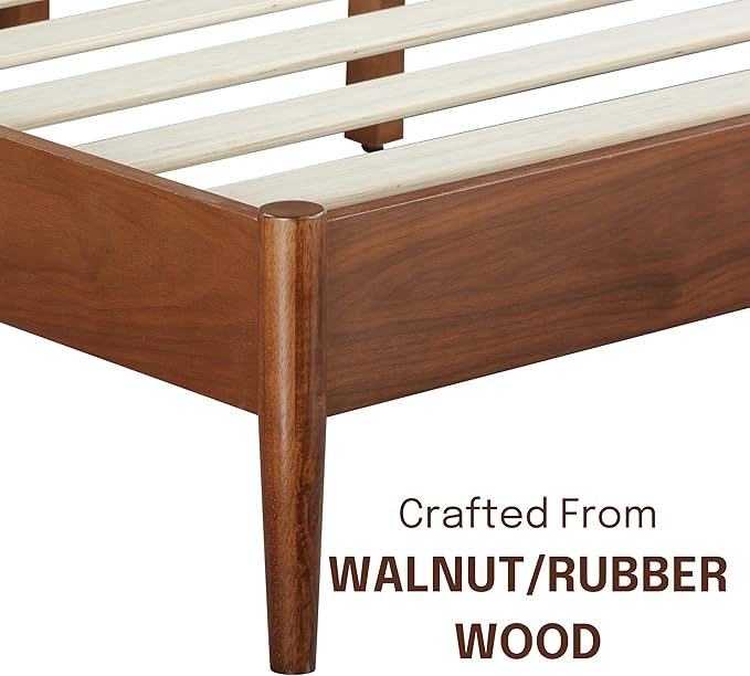 NTC Lupin Wooden Bed Frame with Headboard, Crafted from Walnut, Rubber Wood with Silent Slats and Wood Central Supports, 1000 Lb Capacity, Effortless Assembly, Queen - Dark Walnut
