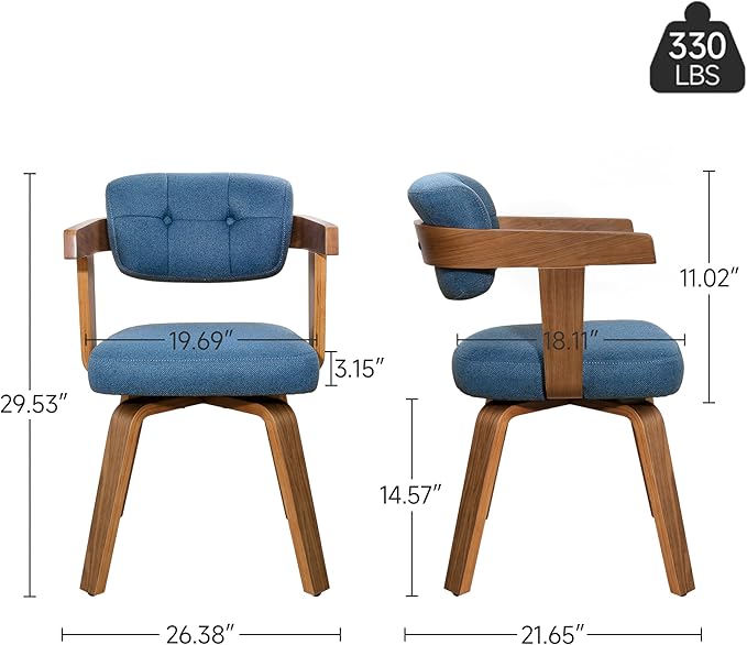 Art Leon Office Chair No Wheels - Mid Century Modern Desk Chair Fabric Upholstered Swivel Dining Chairs with Wood Legs for Small Spaces Home Office Living Room Bedroom Study, Blue/Walnut