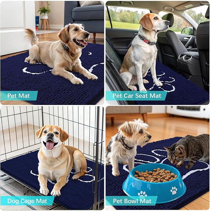 OLANLY Dog Door Mat for Muddy Paws 48x30, Paw Print Design, Absorbs Moisture and Dirt, Absorbent Non-Slip Washable Doormat, Quick Dry Chenille Mud Mat for Dogs, Entry Indoor Entryway Carpet, Navy Blue