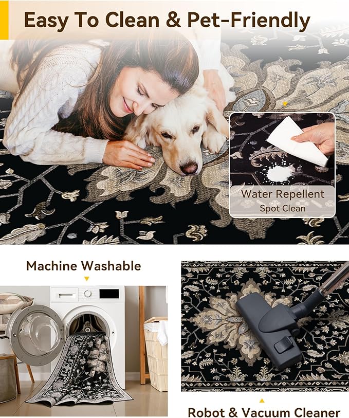 Area Rugs 2'6''x12' Washable Non-Slip, Floral Vintage Distress Print Pattern Medallion Carpet for Living Room Bedroom Dining Room, Black Brown Neutral Dark Tan