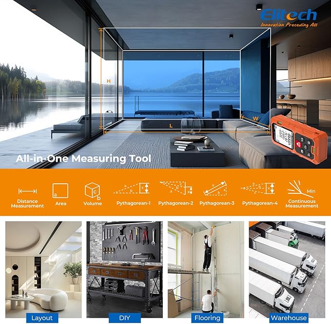 Elitech Laser Measuring Tool 165ft, Digital Laser Tape Measure with Dual Bubble Levels, 99 Data Memory & Mute, Ft/In/M High Precision Measuring Tool for Home Renovation & Decoration (Battery Included)