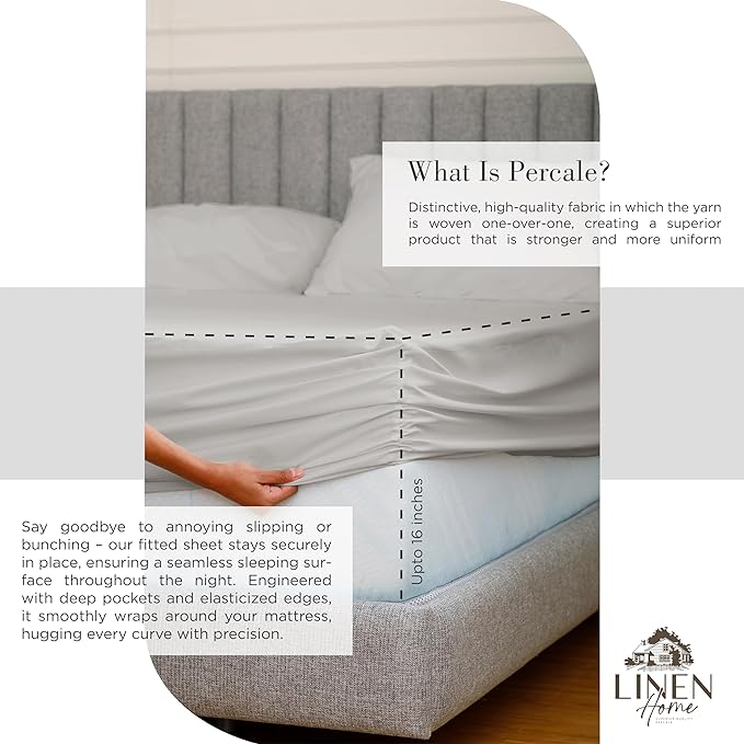 Linen Home 100% Cotton Percale Sheets California King Size, Silver, Deep Pocket, 4 Pieces Set - 1 Flat, 1 Deep Pocket Fitted Sheet and 2 Pillowcases, Crisp Cool and Strong Bed Linen