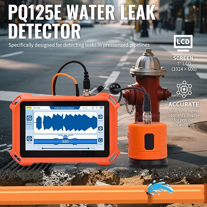 PQWT Underground Water Leak Detectors PQ125E All Scenario and Gas Wall Pipe Water Leakage Detection with Touchscreen Earphone and Carrying Case Multi Sensor Acoustic Pipeline Sound Intensifier