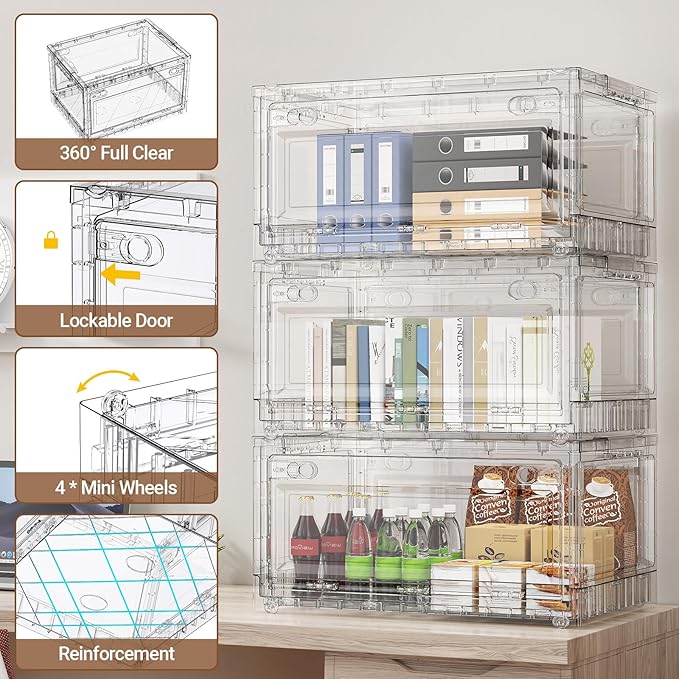 BROVIEW 320Qt Stackable Storage Bins with Lids Wheels, XL Clear Plastic Drawers Foldable Closet Organizers and Storage Cabinet Display Box Shelves with Front & Back Doors, for Home Office Garage,4Pack