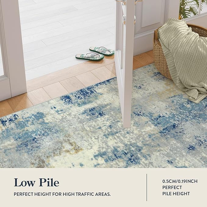 Lahome Modern Abstract Washable Area Rugs 5x7, Soft Living Room Rug Non Slip Stain Resistance, Faux Wool Floor Carpet for Bedroom Dining Room Nursery Kids Playroom,Blue/Grey