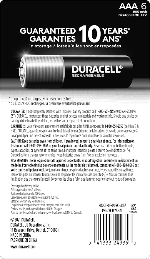 Duracell Rechargeable AAA Batteries, 6 Count (Pack of 1) Triple A Battery for Long-lasting Power, All-Purpose Pre-Charged Battery for Household and Business Devices