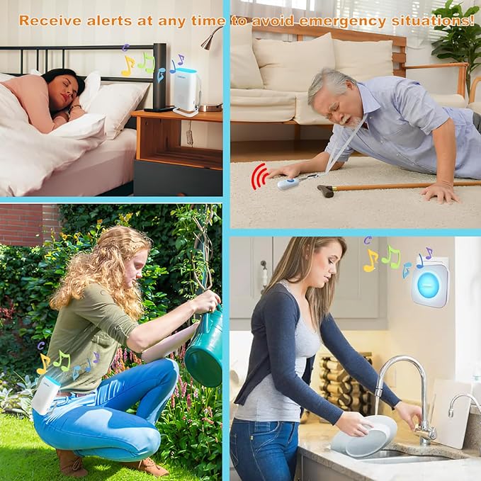 LIOTOIN Caregiver Pager Wireless Alert System - Portable Bell for Home/Elderly/Patients/Seniors - 4 Waterproof Buttons, 1 Portable Receiver, 1 Plugin Receiver
