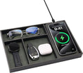 Valet Tray, Built in Wireless Charging Pad, Nightstand Organizer, Two-Toned Premium Vegan Leather Desk Bedside Caddy Organizer Tray for Keys, Watch, Wallet, Jewelry (Black+Green)