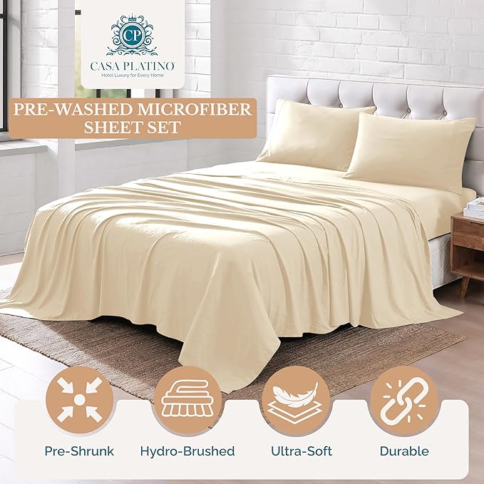 Casa Platino Twin XL Size Bed Set, 3 Piece Set (Flat, Fitted and 1 Pillowcase) – Pre-Washed Soft Brushed Microfiber – Fade Resistant Twin XL Sheet Set with Deep Pockets – Ivory