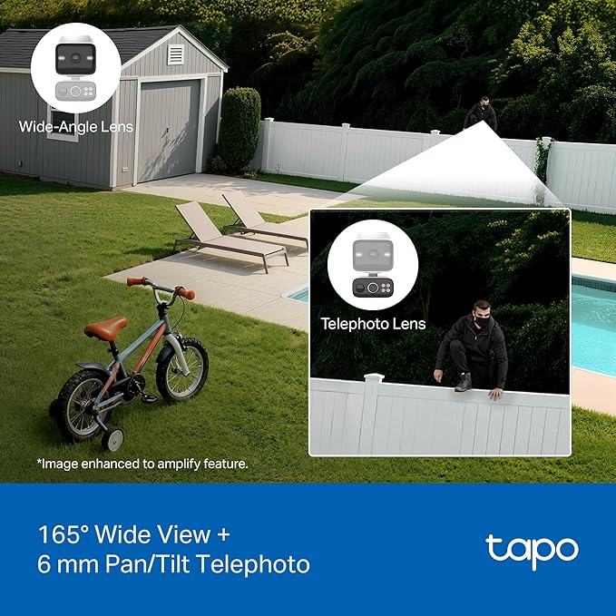 Tapo 2K Dual Lens Pan/Tilt Security Battery Camera Wireless w/Solar Panel, 165° Wide-Angle + 6mm Telephoto, Free Person/Vehicle Detection, 360° Pan, SD/Cloud Storage, Works w/Alexa & Google, C645D KIT