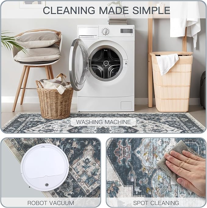 5x7 Vintage Washable Area Rug for Living Room,Low Pile Non Slip Carpet Non-Shedding Area Rug Soft Indoor Stain Resistant Rug Floral Print Mat for Bedroom Dining Room Blue Beige