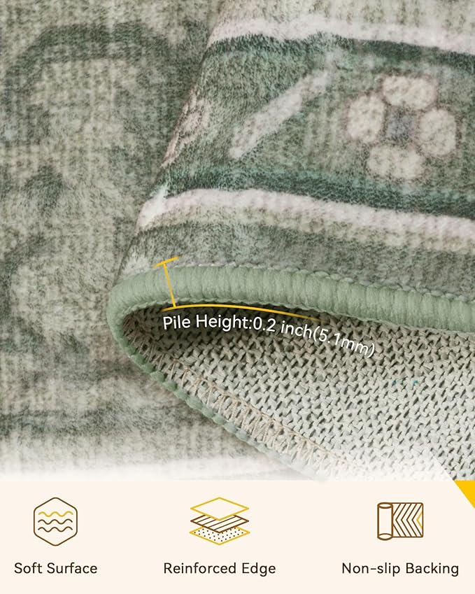 Area Rugs 2'x10' Washable Non-Slip, Floral Vintage Distress Print Pattern Medallion Carpet for Living Room Bedroom Dining Room, Dark Green Gray
