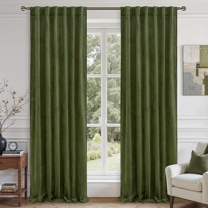 LAMIT Sage Green Velvet Curtains 96 Inches Long for Living Room, Luxury Thermal Insulated Room Darkeing Panels Back Tab and Rod Pocket Privacy Protected Drapes for Bedroom, 2 Panels, 52 x 96 Inch