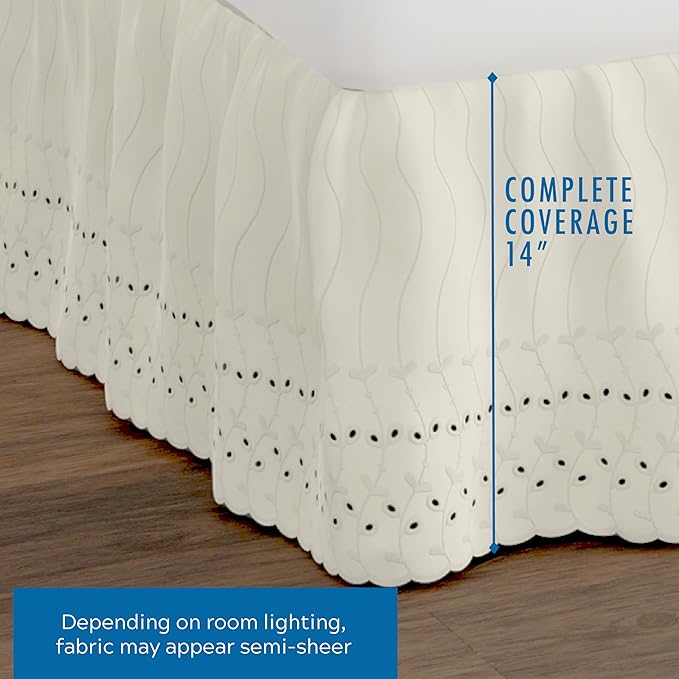 Fresh Ideas Eyelet Bed Skirt, Ruffled Design, 14 Inch Drop, Embroidered Scalloped Edge, California King, Ivory
