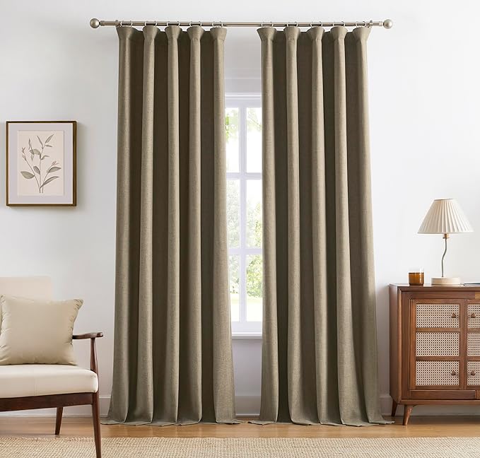 Vision Home Brown Linen Full Blackout Curtains 108 inch for Bedroom Living Room Darkening Soundproof Window Panels 9FT Thermal Insulated Rod Pocket Back Tab Farmhouse Drapes 56" Wx108 Lx2