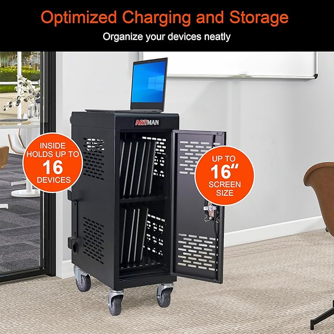 Aokleo Laptop Charging Cart,16 Devices Tablet Storage Carts for pad Up to 16.3" Screen Size, Classroom Computer Mobile Charging Station for Pads, Chromebooks,Laptops, Security Storage(16 Bay-Black)