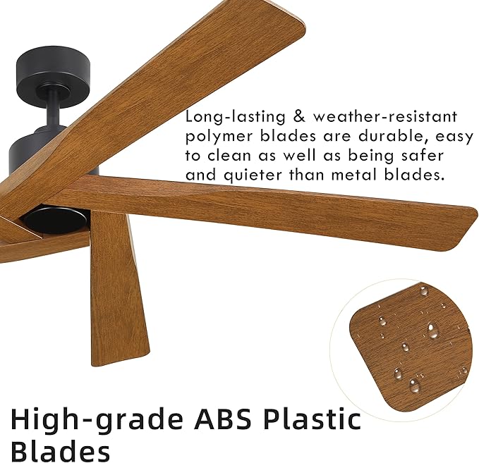 WINGBO 64" ABS DC Ceiling Fan No Light, 5 Blade ABS Plastic Ceiling Fan with Remote, 6-Speed Reversible DC Motor, Ceiling Fans without Light for Kitchen Bedroom Living Room, Matte Black and Walnut