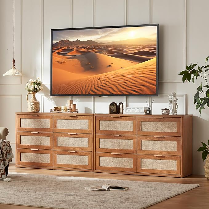 LEYAOYAO Rattan Dresser and Nightstand Sets 3 Piece, Boho Wood Dresser for Bedroom with 6 Drawers and Night Stand with 3 Drawer, Bedroom Furniture, Dressers & Chests of Drawers, Living Room, Hallway