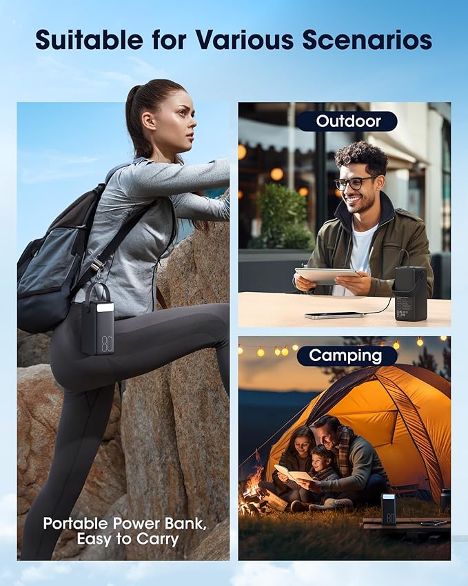 Portable Charger 80000mAh Power Bank, 22.5W Fast Charging USB C Battery Pack, 3 Outputs, LED Display & LED Light, External Huge Capacity Cell Phone Battery Bank for iPhone 17/16/15, Samsung, iPad, etc