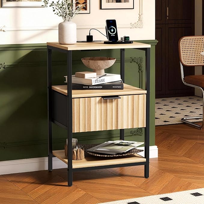 VINGLI Nightstands Set of 2 Fluted Nightstand with Charging Station, Oak Night Stand Set 2 Bed Side Tables, End Tales Bedroom with Charger Station and Fabric Drawer, 14.96" W*11.81" D*23.7" H
