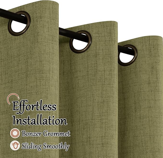 Linen Blackout Curtains 90 Inch Long, Olive Green Extra Long Curtains for Bedroom Living Room Modern Farmhouse, Thermal Light Blocking Faux Linen Energy Save Drapes Each 52x90 Inch 2 Panels