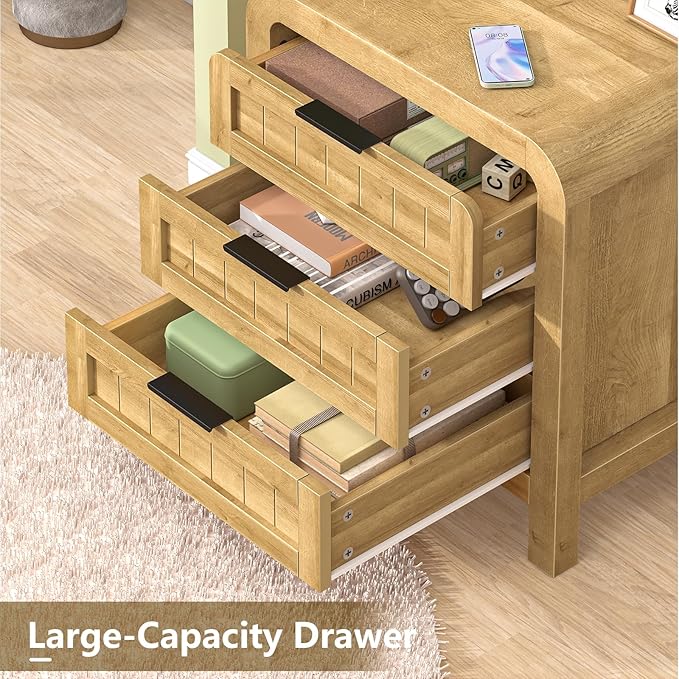 IKENO Wood Nightstand Set of 2 with 3 Storage Drawer, 21" Wide Night Stand with Curved Profile Design, Bedside End Table for Bedroom, Living Room, Closet (2, Natural Oak, 3 Drawer)