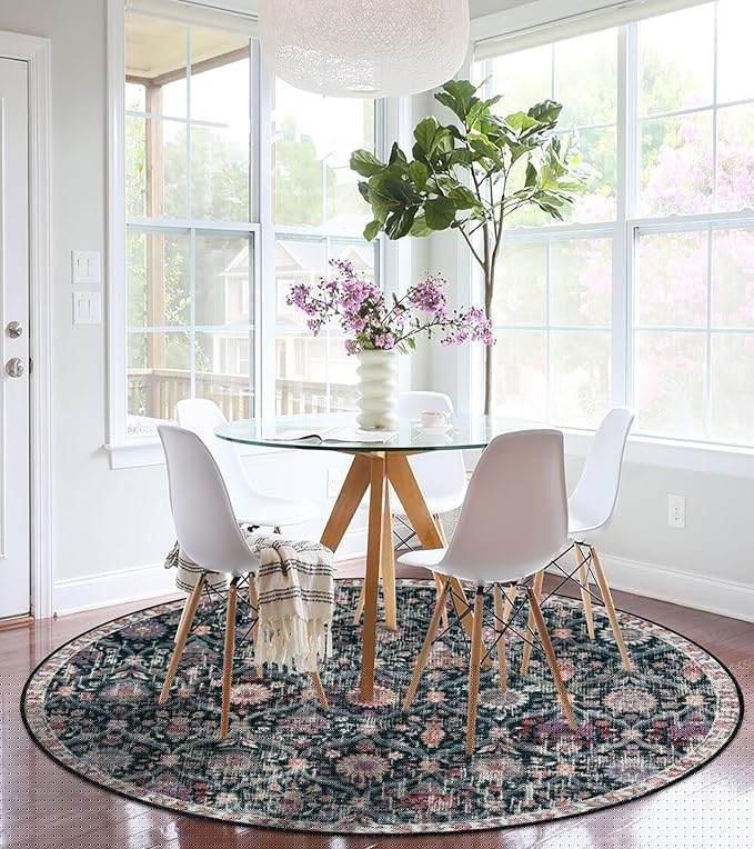 Lahome Moroccan Trellis Washable Round Area Rug, Round Rug 5ft Soft Non-Slip, Non-Shedding Distressed Circle Carpet for Bedroom Living Room Bathroom Nursery Kitchen, Black/Multi