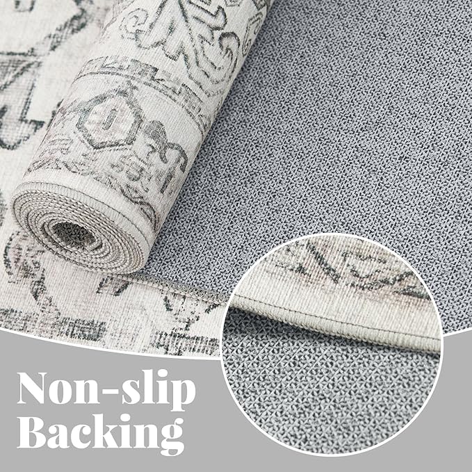 jinchan Lima Round Rug 6ft Vintage Machine Washable Area Rug Indoor Circle 6' Ultra-Thin Non-Slip Floral Print Carpet for Farmhouse Entryway Dining Room Living Room Bedroom Office (6'Round, Grey)