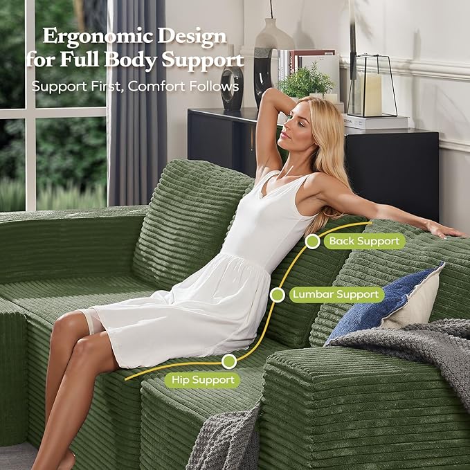 67" Loveseat Sofa, Cloud Modular Couch, Upholstered Floor Sofa with Deep Seat, Upholstered Foam Sofa for Bedroom Living Room, No Assembly Required (Green, Plush Corduroy Fabric)