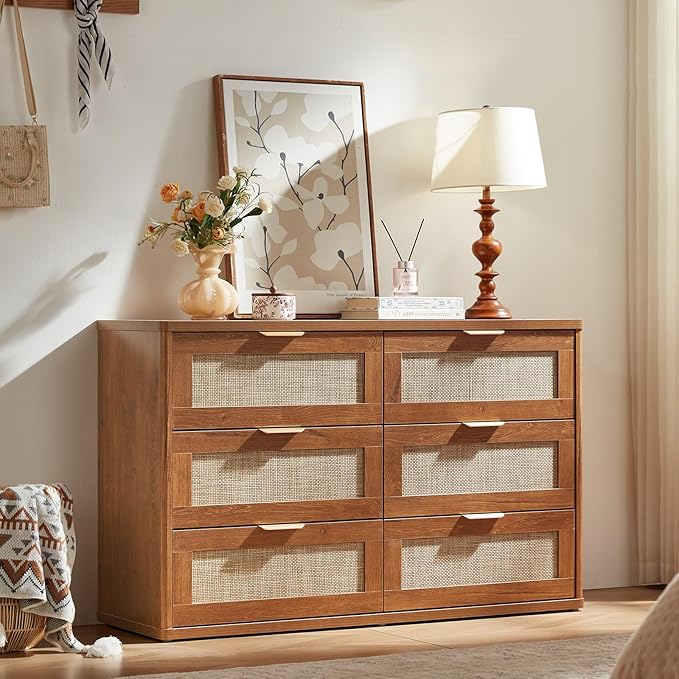 LEYAOYAO Rattan Dresser and Nightstand Set of 3, Boho Wood Dresser for Bedroom with 6 Drawers and Night Stand with Charging Station, Bedroom Furniture, Dressers & Chests of Drawers,Hallway,Living Room