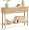 LINSY HOME Fluted Console Table, Mid-Century Modern Entryway Cabinet with Sliding Tambour Doors, Narrow Long Sofa Table, Behind-The-Couch Table for Living Room, Hallway (Light Oak)