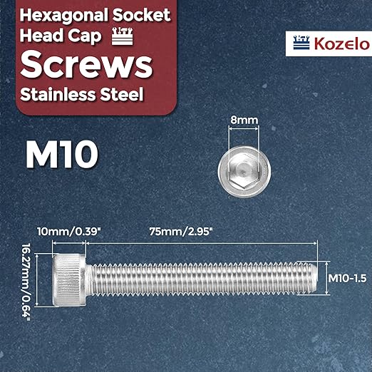 Kozelo 5pcs Socket Head Cap Screws - [M10-1.5 x 75mm] 304 Stainless Steel Allen Socket Drive for Electrical Motor 3D Printing Fan Engine Replacement Use, Silver