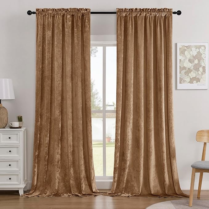 SMILETIME Amber Beige Crushed Velvet Curtains 52x108inch Rod Pocket Luxurious Thermal Insulated Soundproof Drapes Soft and Durable Light-Filtering Window Treatments for Living Room Bedroom, 2 Panels