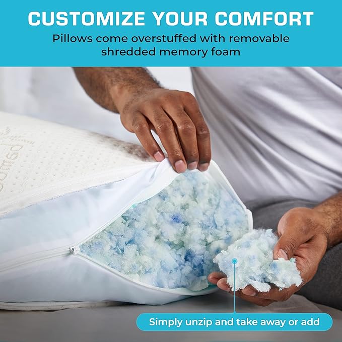 Xtreme Comforts Bed Pillows for Sleeping (2 Pack) | Adjustable Shredded Memory Foam Pillows with Removable Cooling Cover | Fluffy Pillows Support for Side, Back & Stomach Sleepers - Standard Size