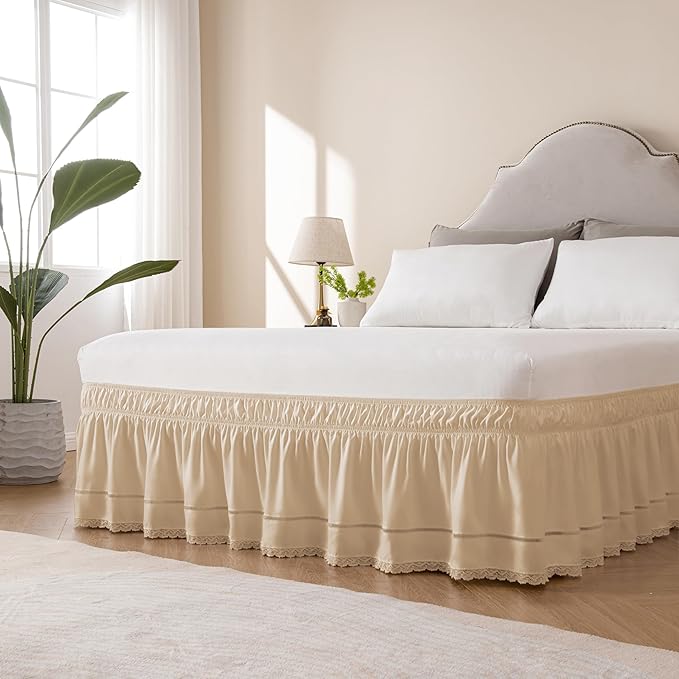 MIYE Wrap Around Ruffled Lace Bed Skirt, Elastic Dust Ruffle with Adjustable Belts, Easy to Put On, Bed Frame Cover, Machine Washable (Floral Lace/Beige, Full/Twin-12.5" Drop)