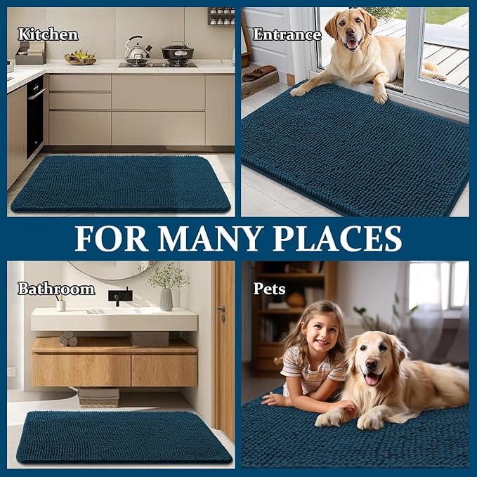 OLANLY Dog Door Mat for Muddy Paws 70x24, Absorbs Moisture and Dirt, Absorbent Non-Slip Washable Doormat, Quick Dry Chenille Mud Mat, Entry Indoor Entryway Carpet for Inside Floor, Atlantic Blue