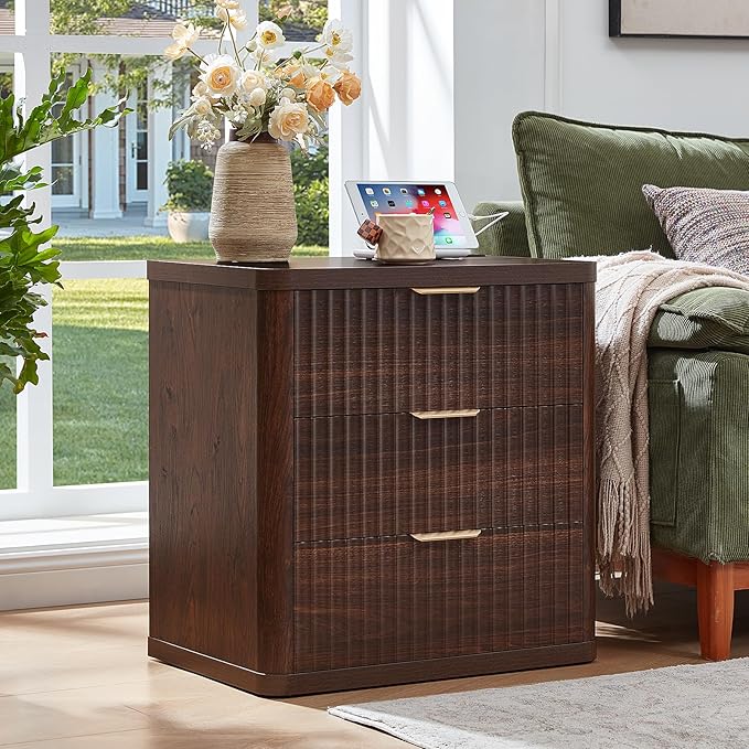 LEYAOYAO 23" Wide Fluted Farmhouse Night Stand Set of 2 with Charging Station, 3 Drawers Large End Table w/Metal Handle, Walnut Nightstand Bedside Table,Wood Dresser for Bedroom, Closet