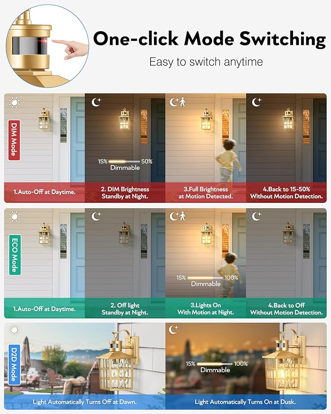 VIANIS Porch Lights Outdoor, Gold Outdoor Garage Lights Wall Mount, Modern Outside Motion Sensor Lights for House, Exterior Lantern Light Fixtures, Exterior Lamps LED Wall Sconce Lighting