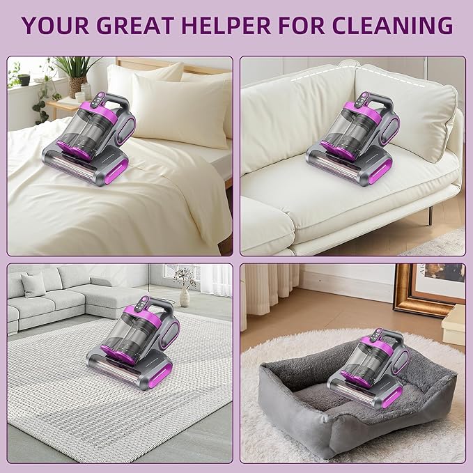 BESTING Mattress Vacuum Cordless with 16Kpa Suction & HEPA Dust Cups, 253.7nm UV-C Light & Ultrasonic, Low Noise Widened Suction Port Handheld Vacuum for Bed Pillows Couch Car Seat Rugs, Gray Purple