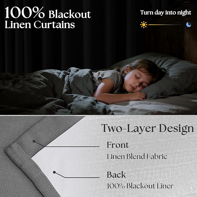 Dark Gray Linen Blackout Pleated 86 Inch Curtains for Living Room Darkening Pinch Pleat 100% Black Out Drapes Thermal Insulated Soundproof Charcoal Grey 86 Inch Curtain for Dining Bedroom