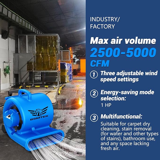 BSMTEK 5000 CFM 1HP Air Mover Blower Fan, Floor Blower Dryer - Timer for Industria, 3 Speeds, 4 Adjustable Angles, Handle Wheelkit, 15Ft Long Cord Portable, Stackable - 2026 Upgraded, Blue
