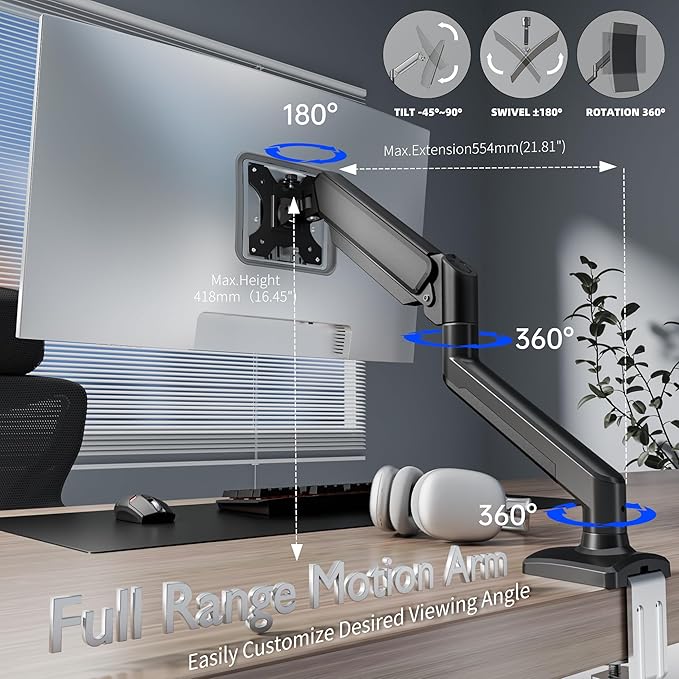 Single Monitor Arm Desk Mount，Gas Spring Monitors Arm for 17-32 inch Screens,Adjustable Computer Monitors Stand up to 4.4 to 19.8 lbs,Vesa Mount with Clamp and Grommet Base, VESA 75 & 100mm