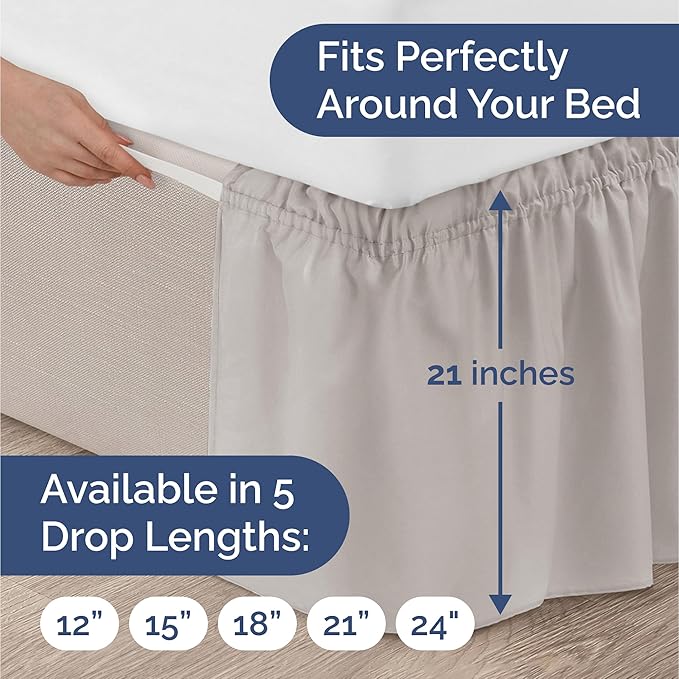Wrap Around Dust Ruffle Bed Skirt - Light Grey - for Queen Size Beds with 21 Inch Drop - Elastic Strap - Adjustable Pleated Bedskirt with Brushed Fabric and Wrinkle Free - For Women, Men, Kids & Teens