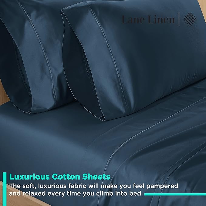 LANE LINEN 600 Thread Count 100% Mercerized Cotton Twin Sheets Set, Machine Wash, Mercerized Cotton for Sily Finish, Soft & Comfy Fully Elasticized Sheets Twin Size Bed Set, Sateen Weave - Dark Denim
