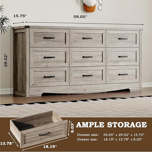 9-Drawer Dresser for Bedroom, Modern Wooden Chest of Drawers with Metal Handles, Anti-Tipping Design, Sturdy and Stable Storage Organizer for Living Room, Entryway, Home Office