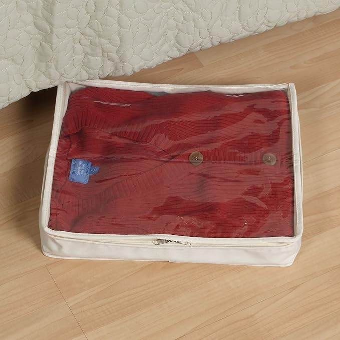 Household Essentials Lightweight Canvas Sweater Bag 2 Pack, Durable Canvas with Clear PEVA Top, 3-Sided Zipper, Perfect Fit for Shelving or Under the Bed