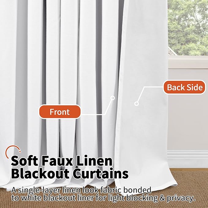 Blackout Curtains for Living Room 95 Inch Length 2 Panels Set, Thermal Insulated 100% Black Out Privacy Soundproof Grommet Farmhouse Linen Window Curtains for Bedroom Darkening, White, Each 52”Wide