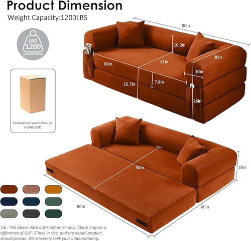 80" Convertible Sofa Bed, 3-in-1 Corduroy Folding Pull Out Couch with Pillows, No Assembly Modern Boneless Couch Compression Sofa in Box, Floor Sofa with Side Storage Pocket for Living Room, Orange