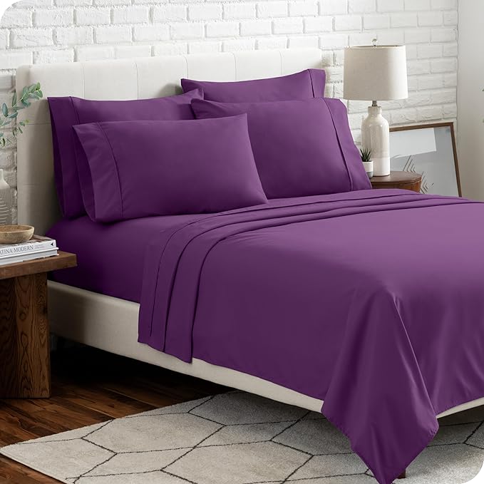 Bare Home Hotel Luxury Queen Sheet Set, Extra Soft - 6 Piece Set - Deep Pockets - Easy Fit - Cooling & Breathable - Wrinkle, Fade, Stain Resistant - Includes 4 Pillowcases (Queen, Plum)