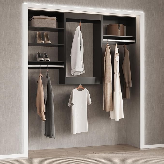 Medium Double Hanging Closet Unit, Modular Closet System, Wood Closet System Organizer with Storage for Walk In Closets, Clothing Rack Closet for Hanging Clothes, Bedroom, Black, 28.5"W
